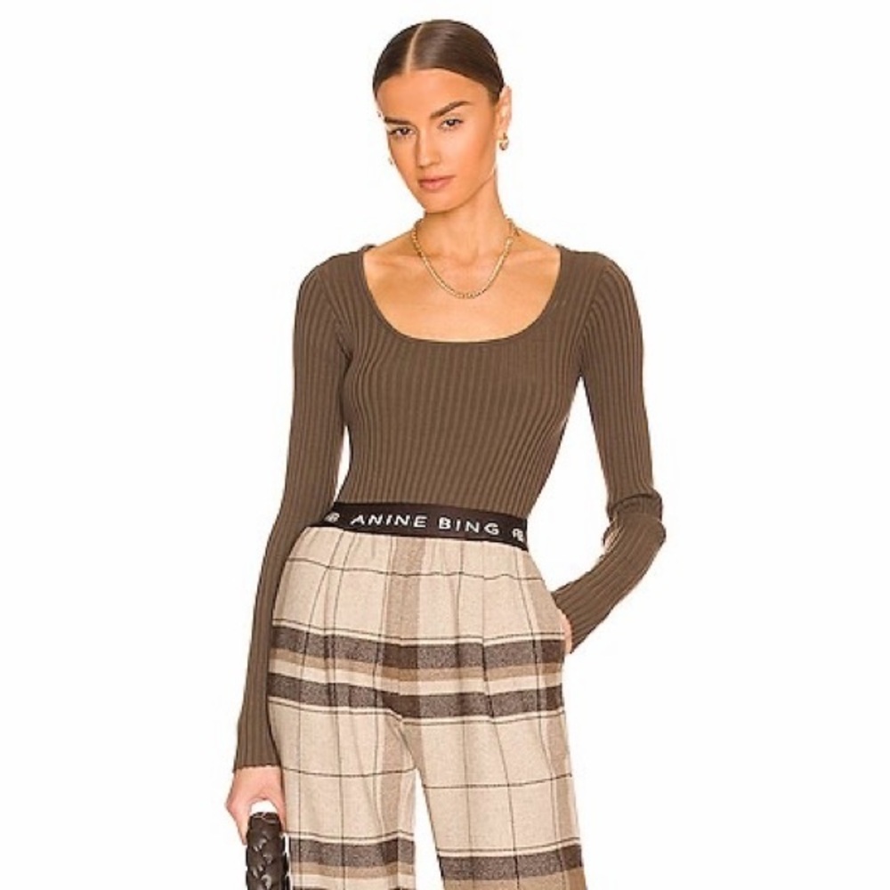 Anine Bing Felicity Ribbed Knit Bodysuit in Olive - Picture 3 of 14